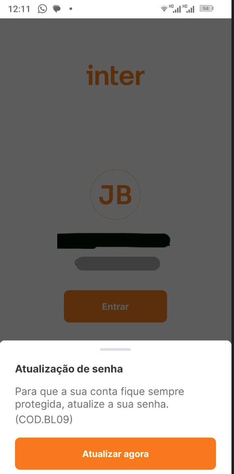 Atualização de senha banco inter
